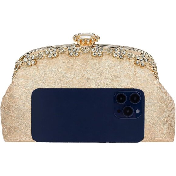 ⚡ Women\'s Gold Fabric Lace Pearl Chain Rhinestones Shoulder Clutch Bag